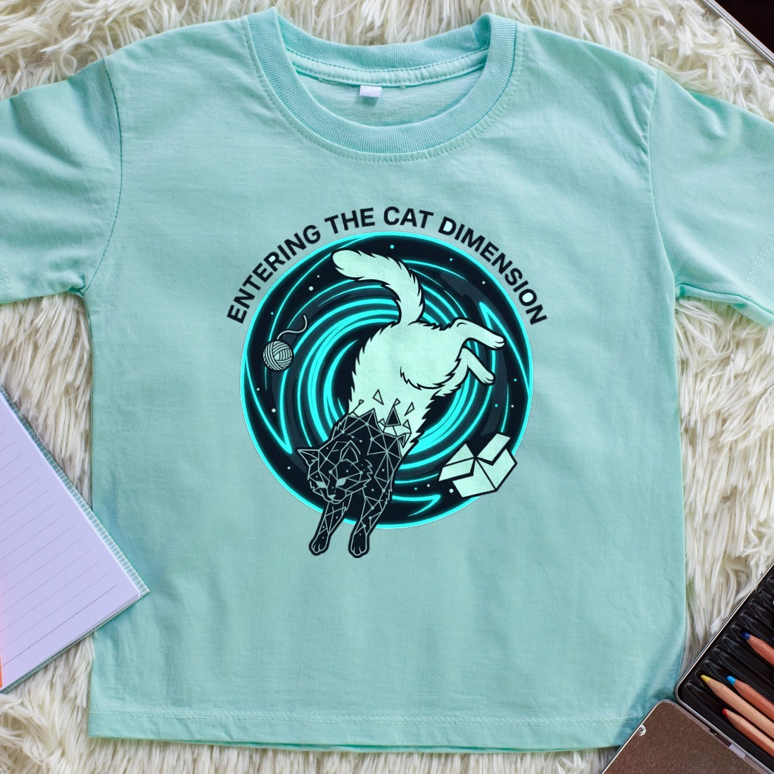 Feline Event Horizon Space Portal Kids Tee — lifestyle photo
