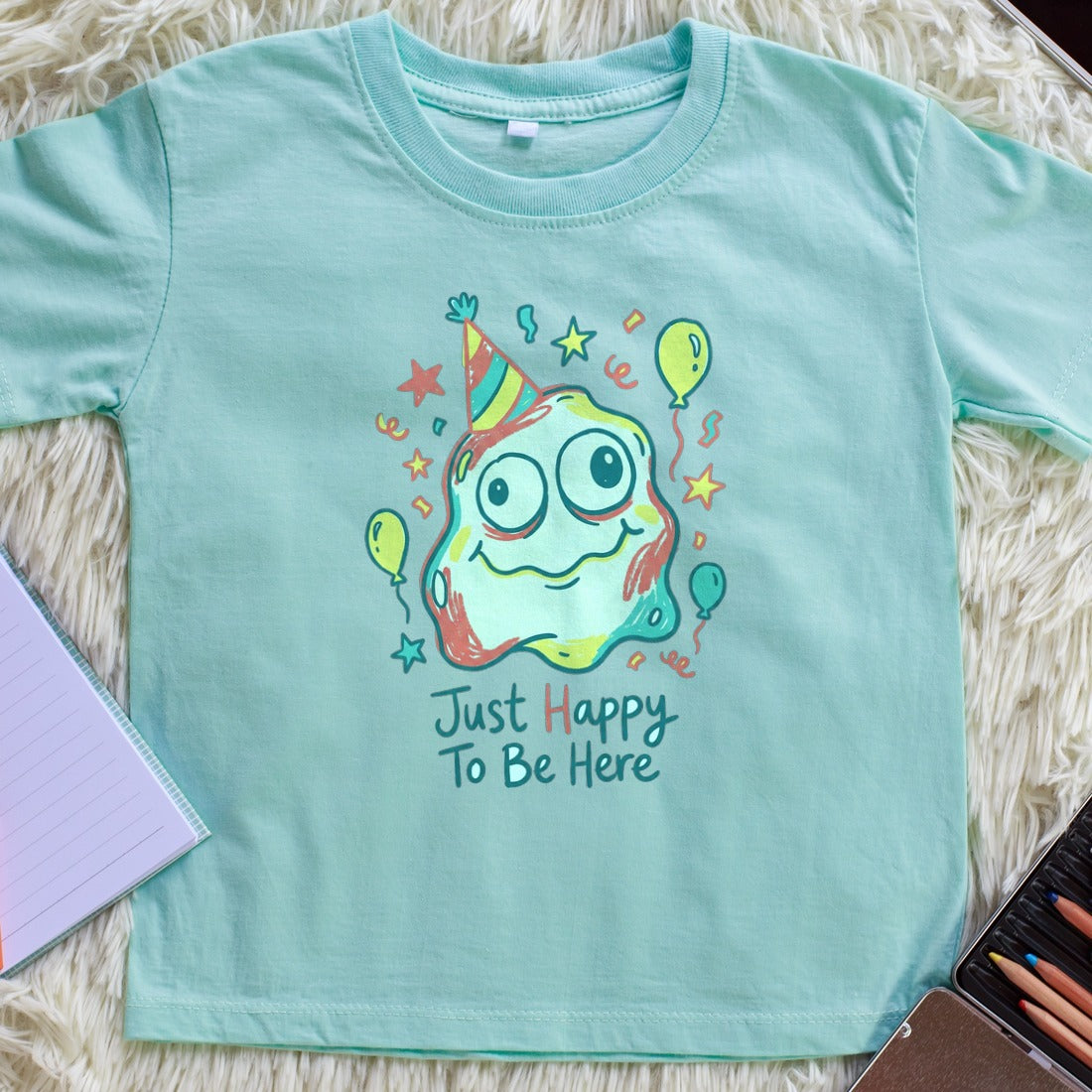 Wobbly Party Blob Just Happy To Be Here Kids Tee — lifestyle photo