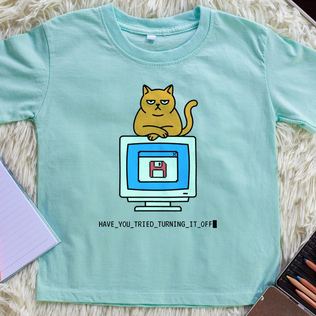 Did You Try Turning It Off Cat Tee Kids Tee — lifestyle photo