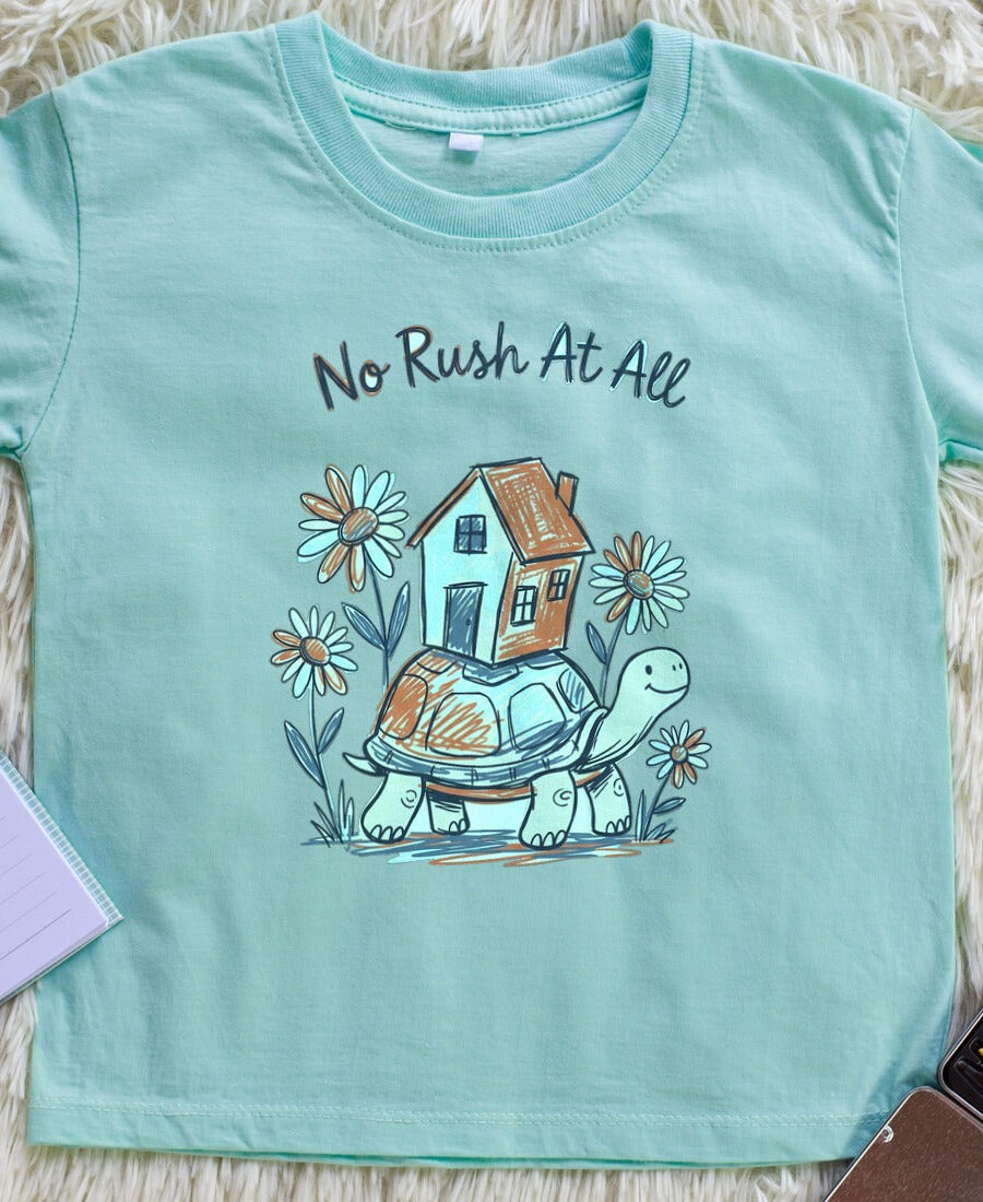 Wobbly Home Slow Living Tortoise Kids Tee — lifestyle photo