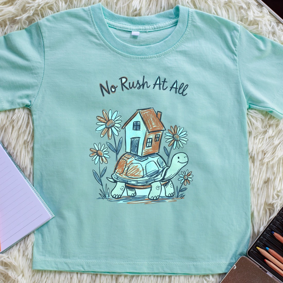 Wobbly Home Slow Living Tortoise Kids Tee — lifestyle photo