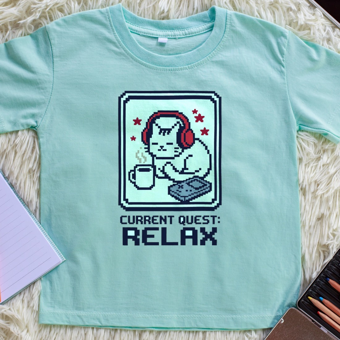 Save Point Sanctuary Pixel Cat Kids Tee — lifestyle photo