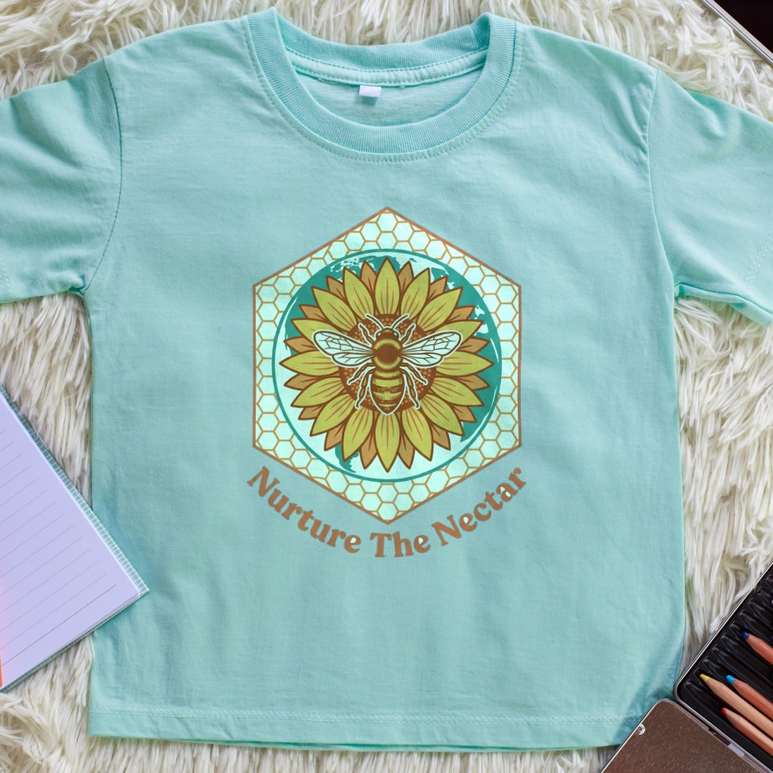 Nurture The Nectar Sunflower Hexagon Kids Tee — lifestyle photo