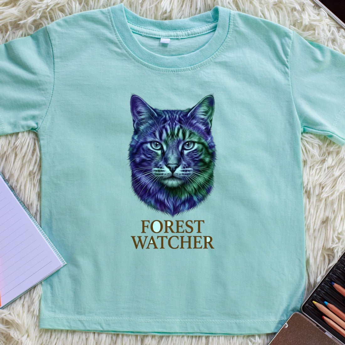 Mystical Mountain Cat Stare Tie-Dye Kids Tee — lifestyle photo