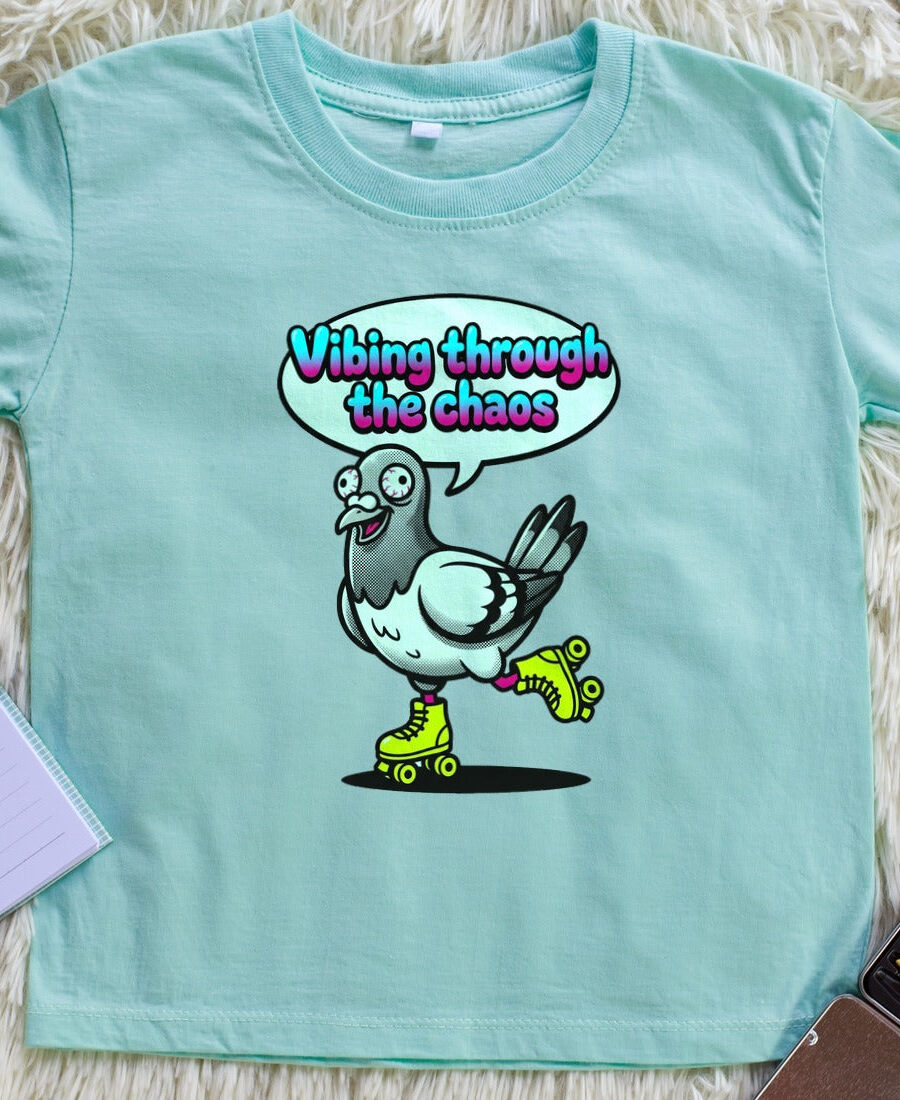 Vibing Through Chaos Pigeon Mascot Kids Tee — lifestyle photo