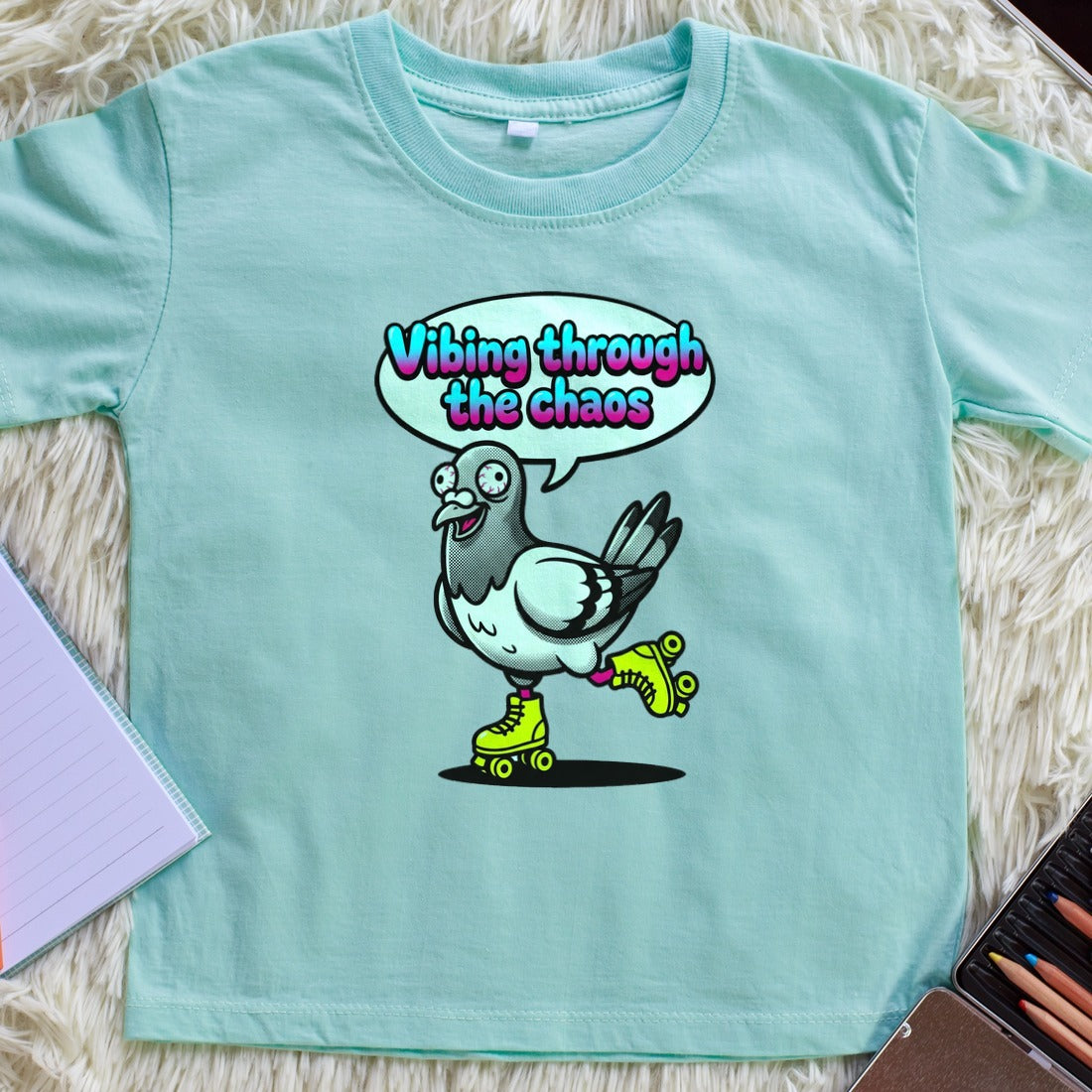 Vibing Through Chaos Pigeon Mascot Kids Tee — lifestyle photo