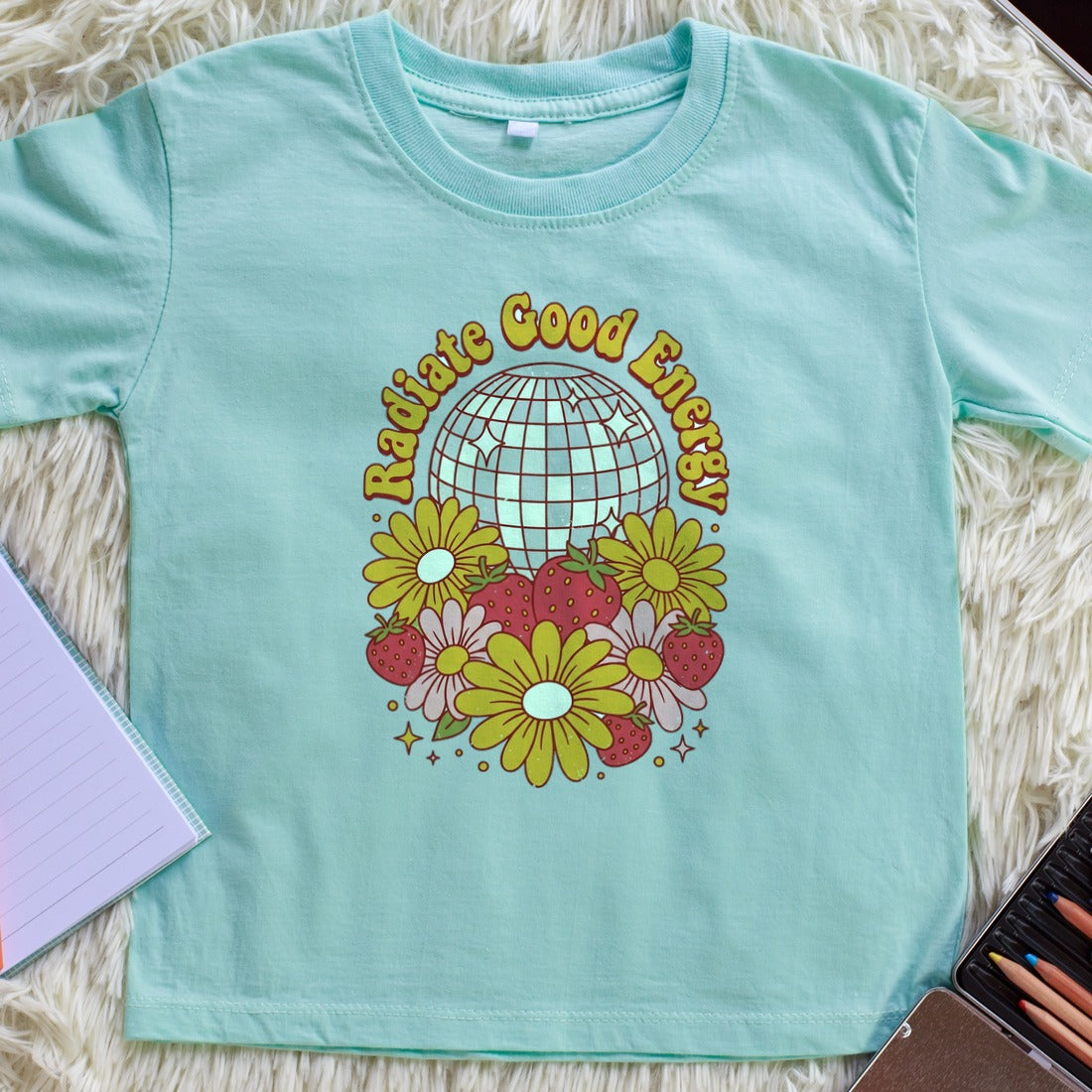 Disco Strawberry Floral Groove Kids Tee — lifestyle photo