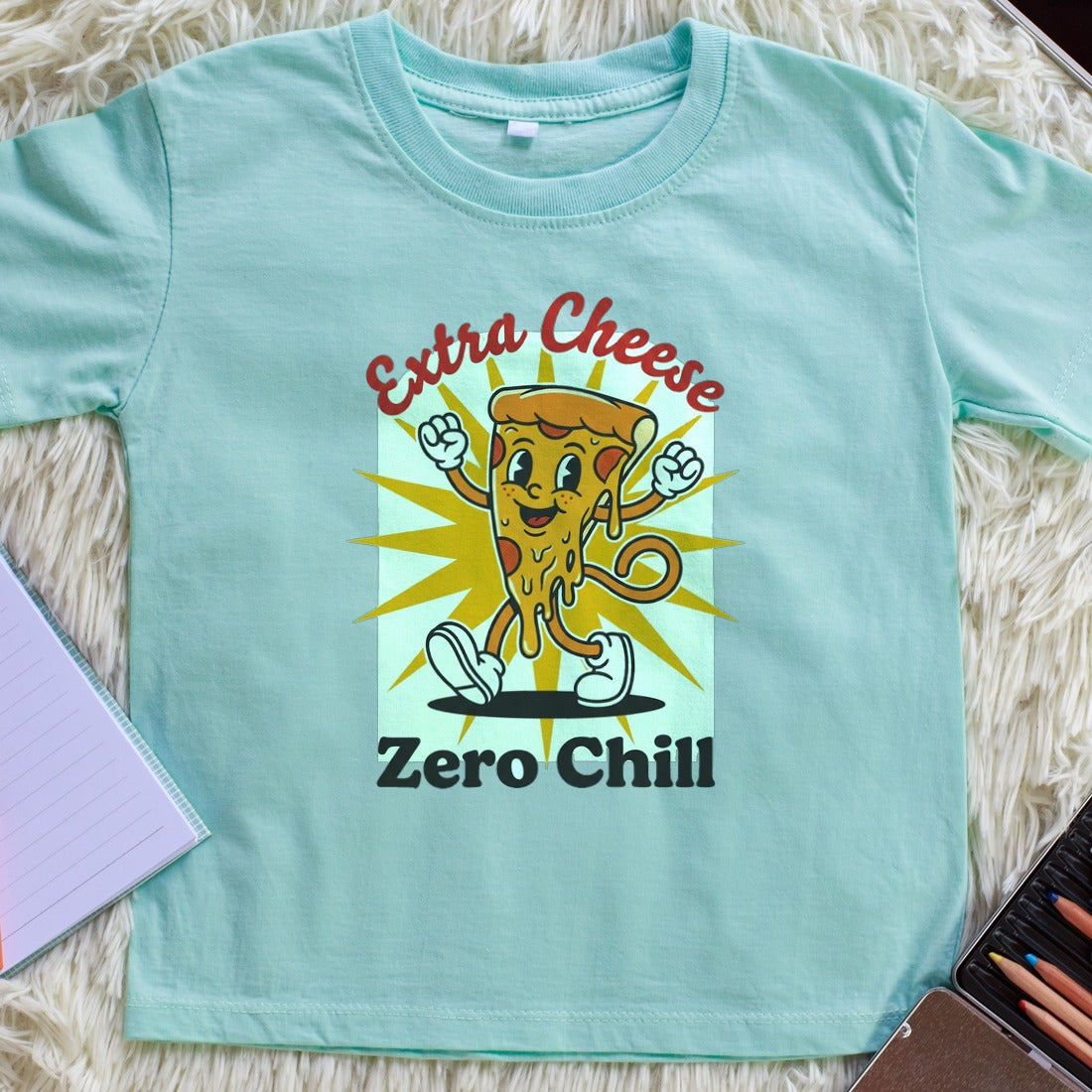 Extra Cheese Zero Chill Mascot Kids Tee — lifestyle photo