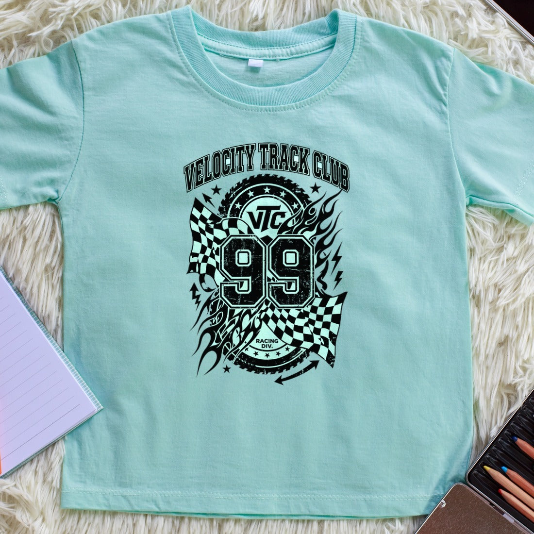 Velocity Track Club Y2K Racing Collage Kids Tee — lifestyle photo