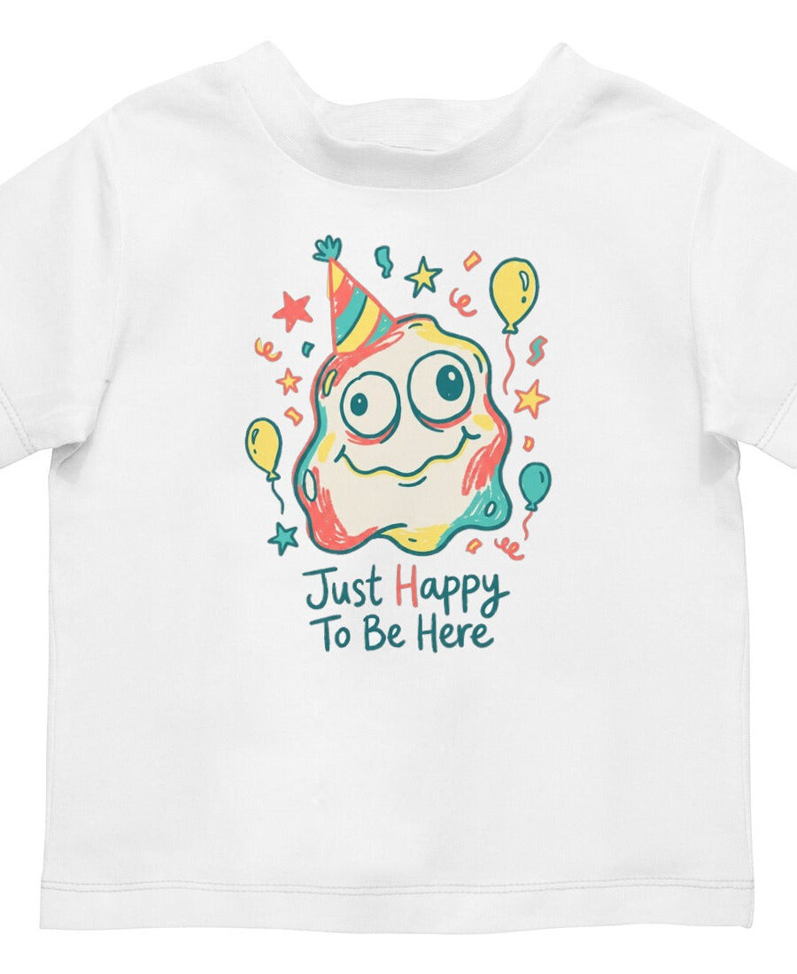 Wobbly Party Blob Just Happy To Be Here Kids Tee — lifestyle photo