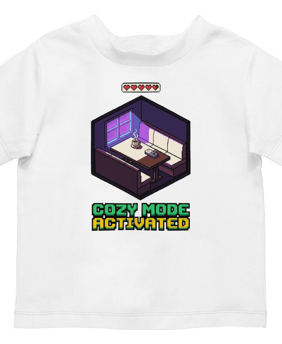 Cozy Mode Isometric Pixel Cafe Booth Kids Tee — lifestyle photo