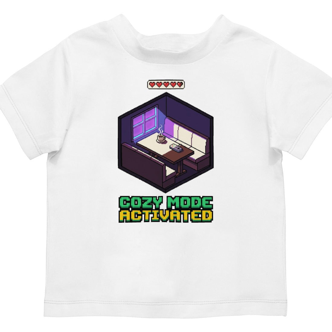 Cozy Mode Isometric Pixel Cafe Booth Kids Tee — lifestyle photo