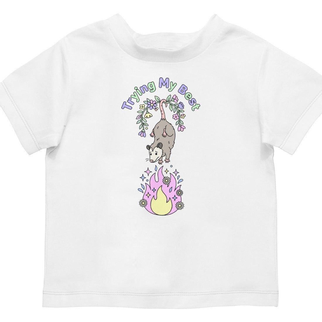 Trying My Best Dumpster Fire Opossum Kids Tee — lifestyle photo