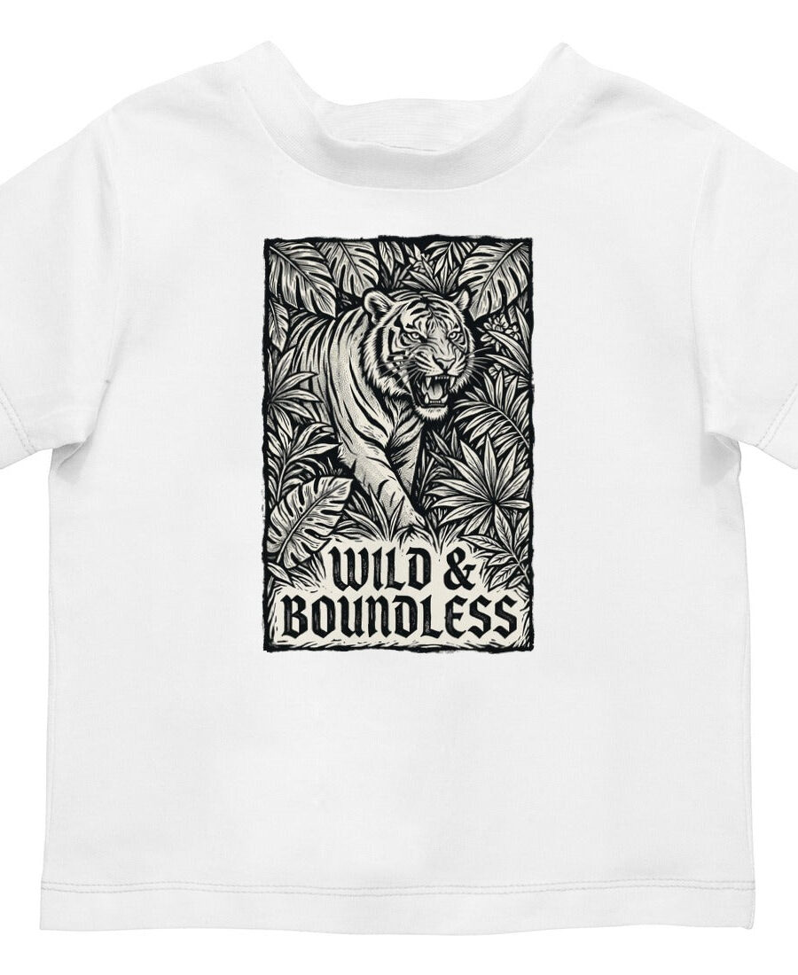Untamed Canopy Linocut Tiger Kids Tee — lifestyle photo