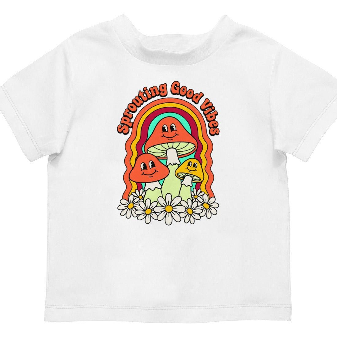 Sprouting Good Vibes Retro Mushroom Kids Tee — lifestyle photo