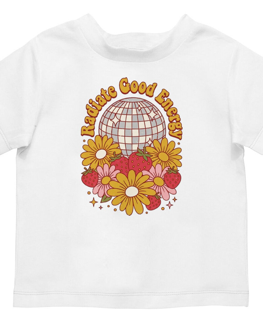 Disco Strawberry Floral Groove Kids Tee — lifestyle photo