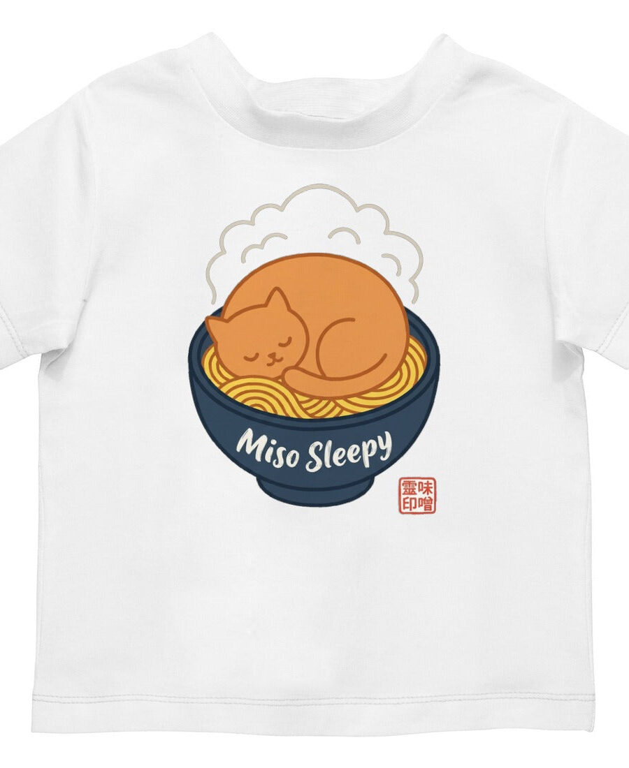 Miso Sleepy Cozy Ramen Cat Kids Tee — lifestyle photo