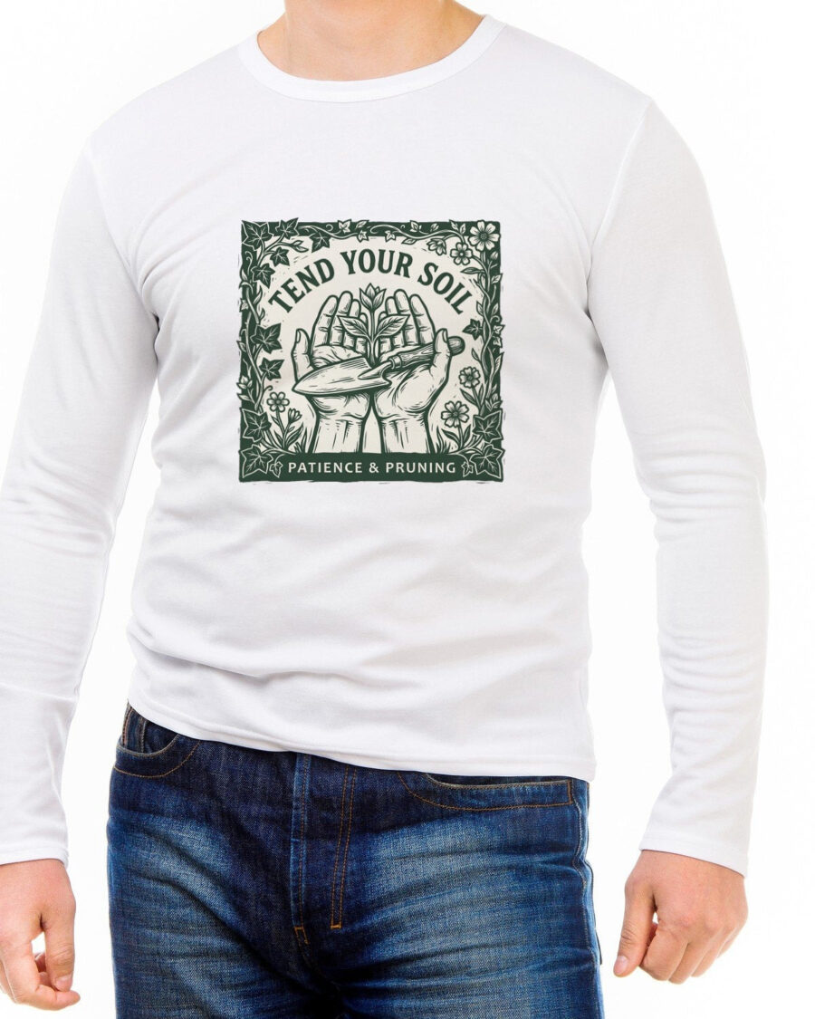 Tend Your Soil Linocut Hands Long Sleeve — lifestyle photo