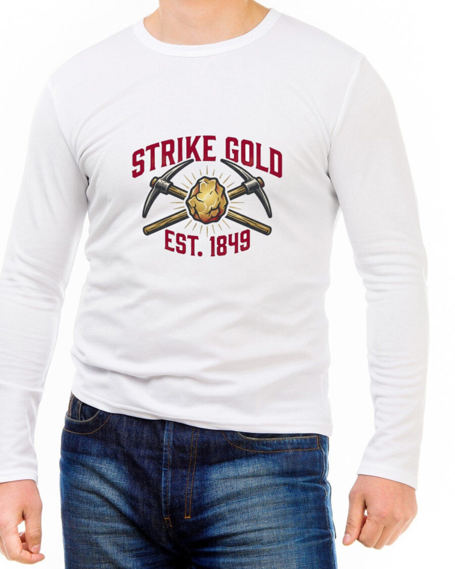 Vintage 1849 Strike Gold Pickaxe Crest Long Sleeve — lifestyle photo