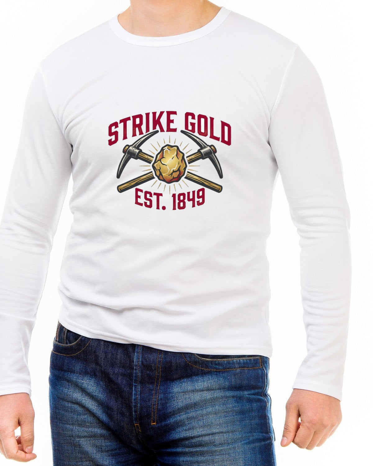 Vintage 1849 Strike Gold Pickaxe Crest Long Sleeve — lifestyle photo
