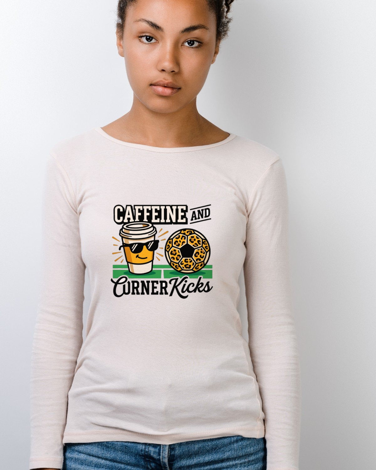 Caffeine And Corner Kicks Soccer Mom Long Sleeve — lifestyle photo