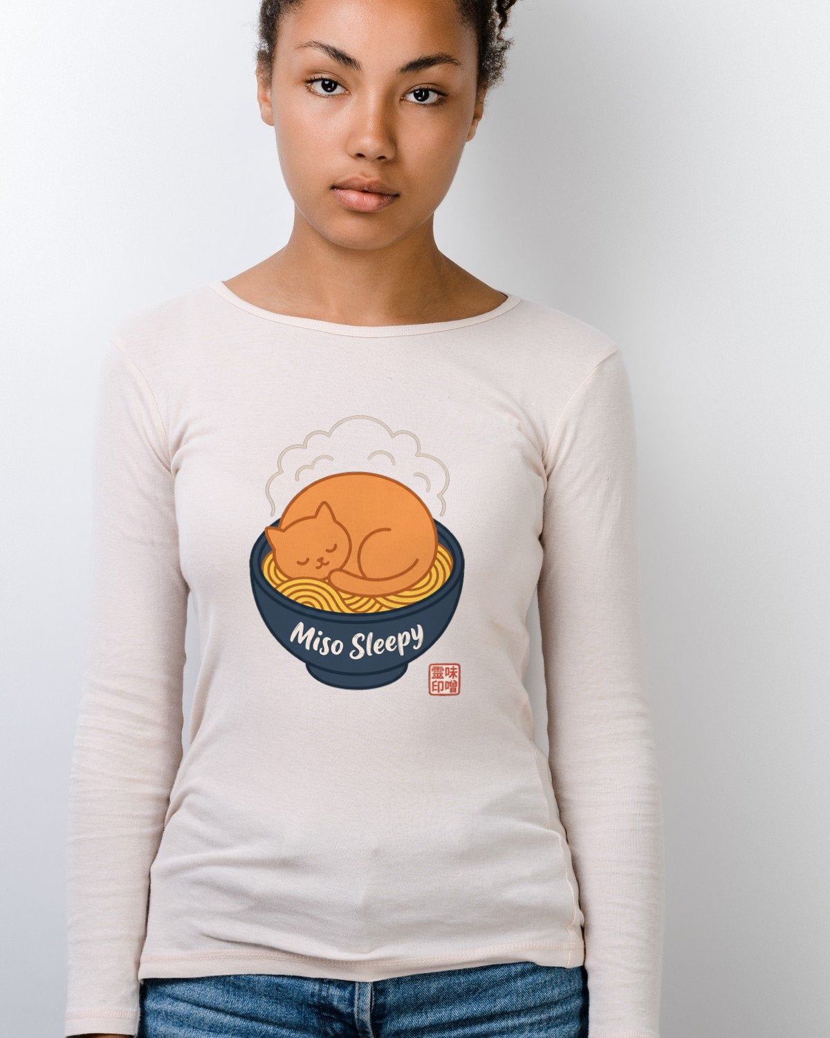 Miso Sleepy Cozy Ramen Cat Long Sleeve — lifestyle photo