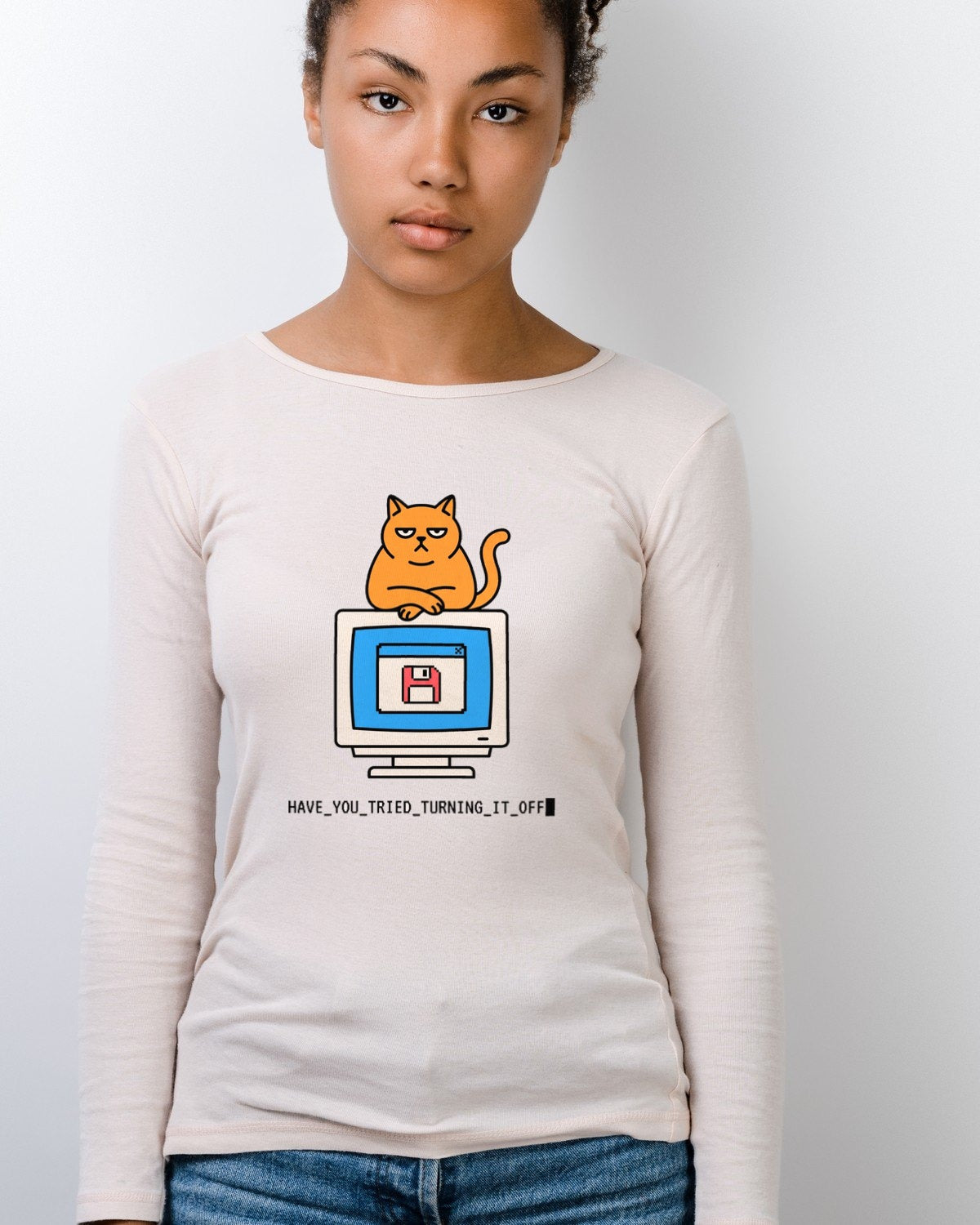 Did You Try Turning It Off Cat Tee Long Sleeve — lifestyle photo