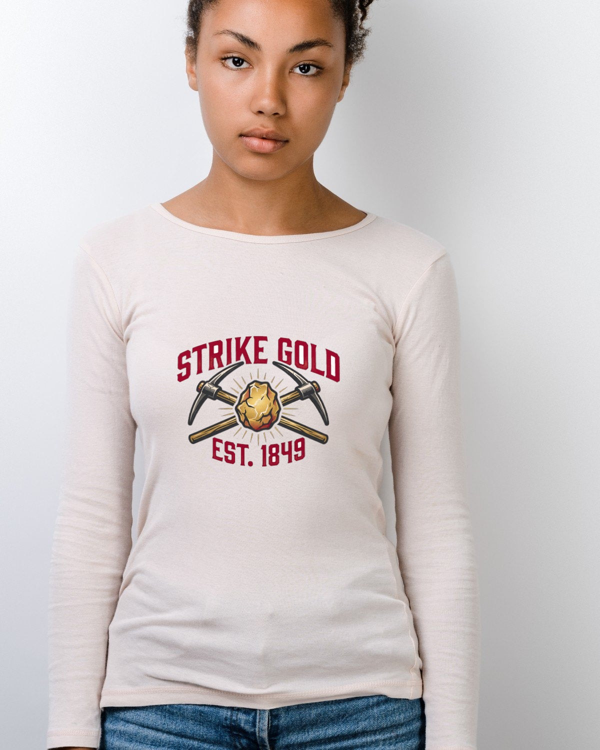 Vintage 1849 Strike Gold Pickaxe Crest Long Sleeve — lifestyle photo
