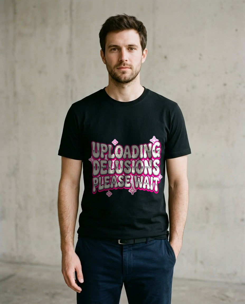 Uploading Delusions Y2K Chrome Tee — lifestyle photo