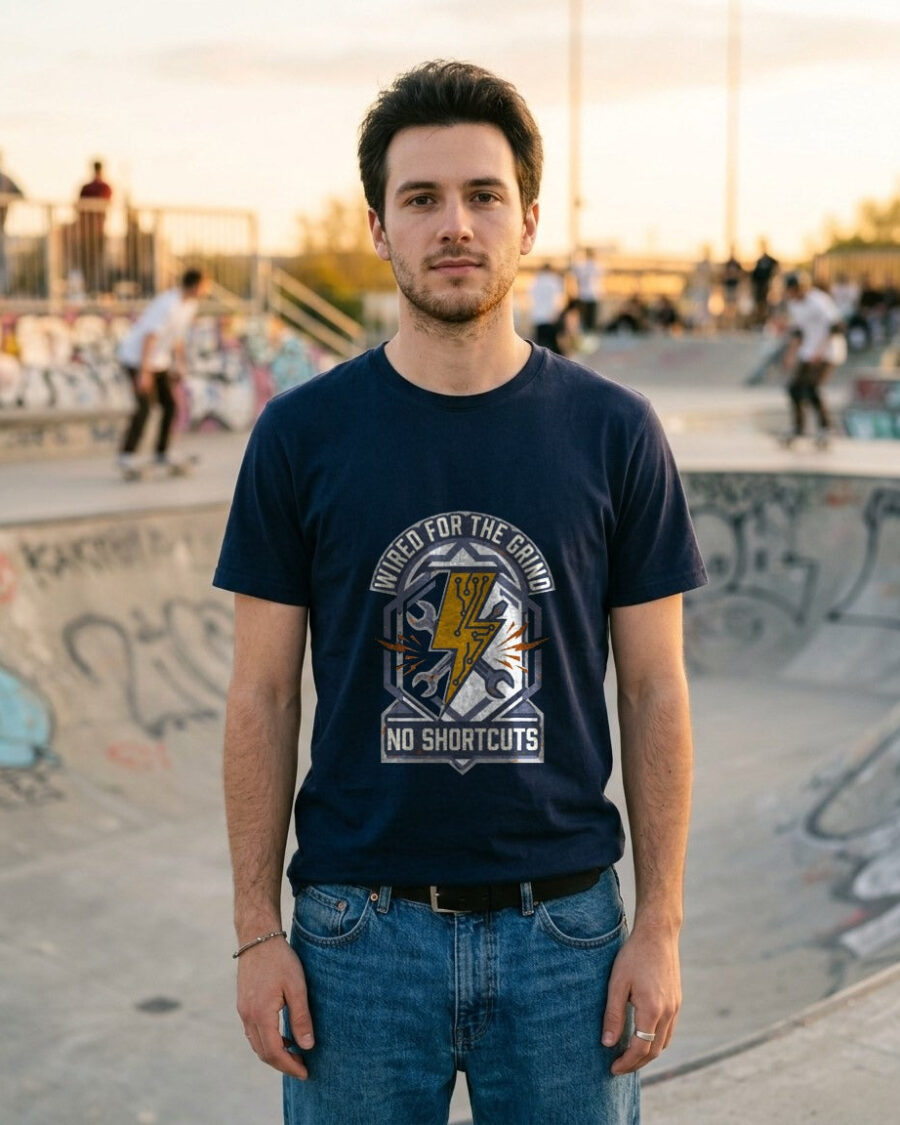 Wired For The Grind Electrician Crest — lifestyle photo