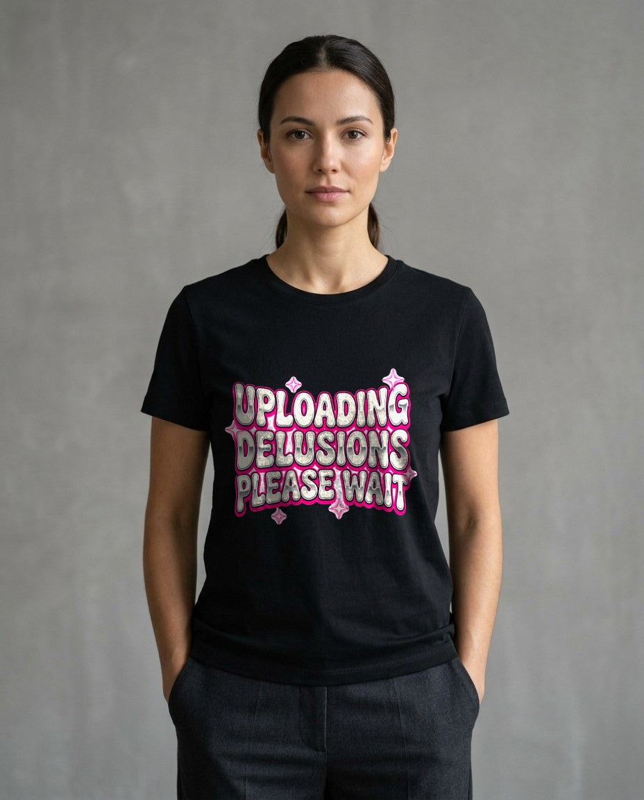 Uploading Delusions Y2K Chrome Tee — lifestyle photo