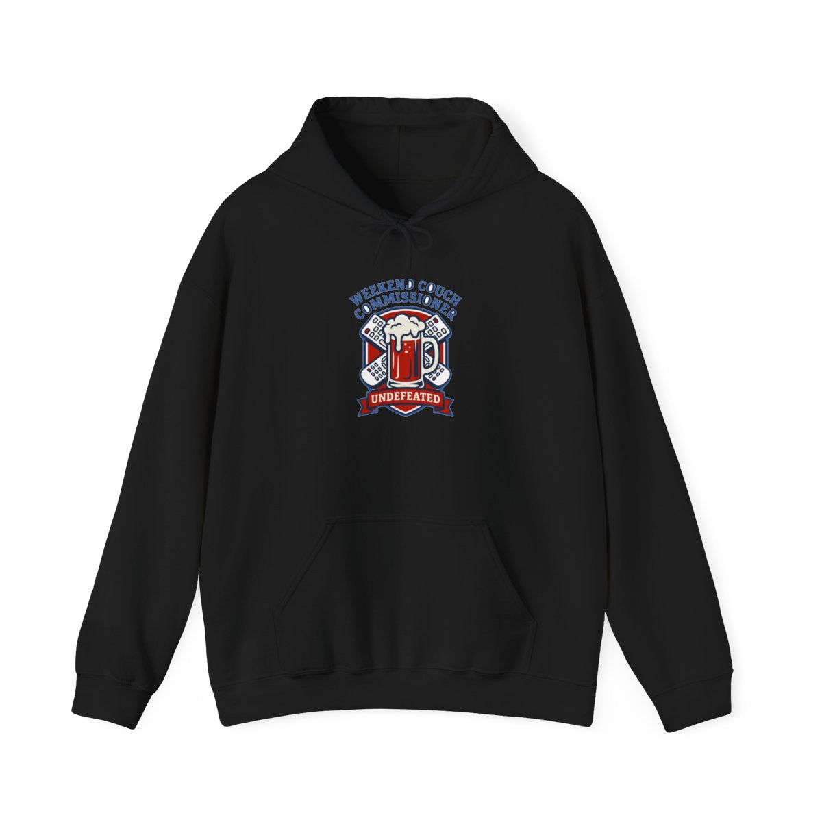 Weekend Couch Commissioner Crest Tee Hoodie — lifestyle photo