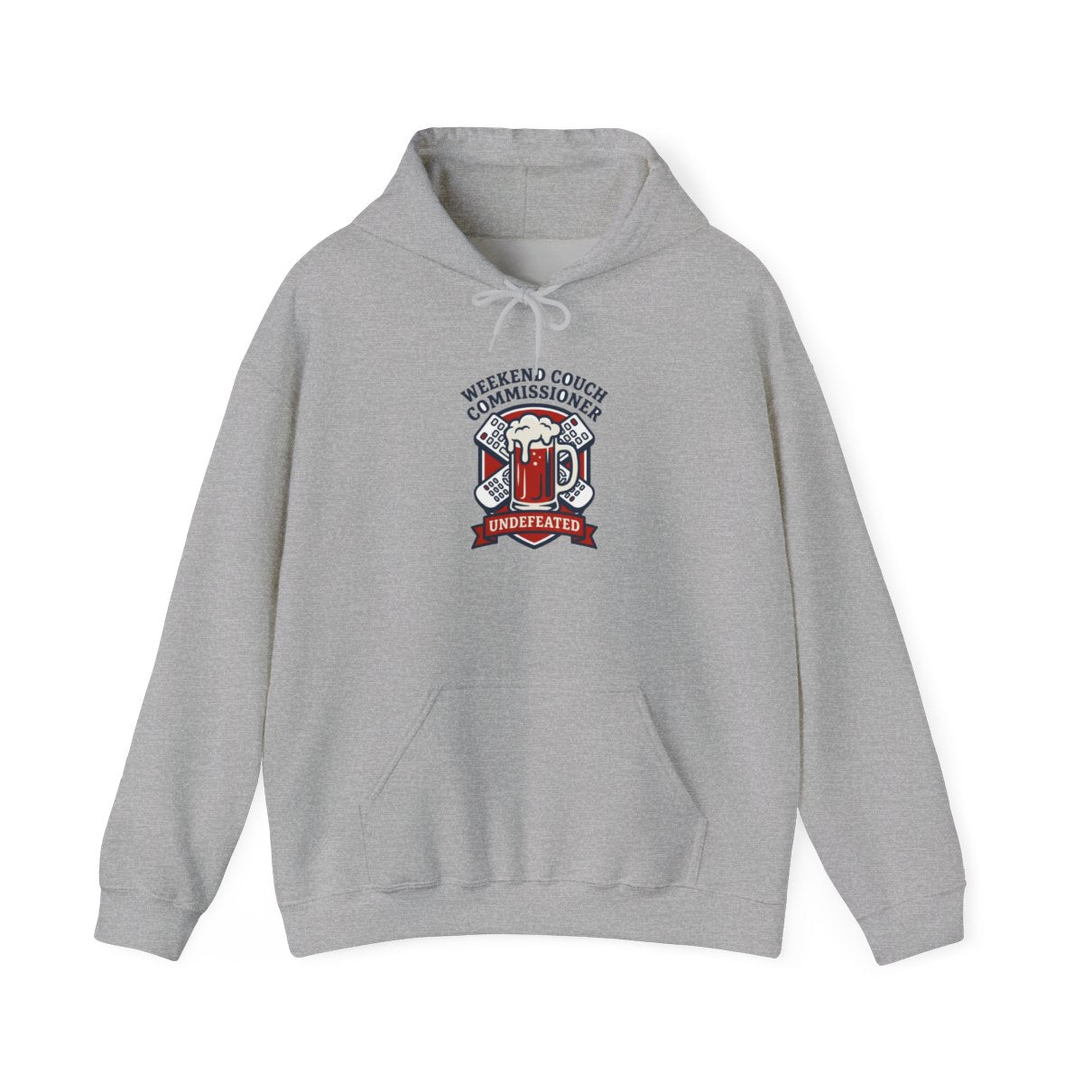 Weekend Couch Commissioner Crest Tee Hoodie — lifestyle photo
