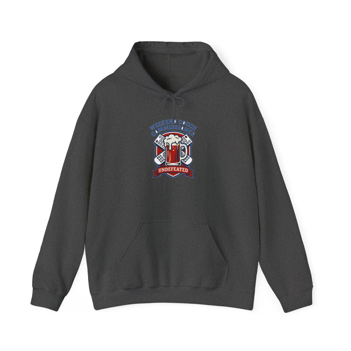 Weekend Couch Commissioner Crest Tee Hoodie — lifestyle photo