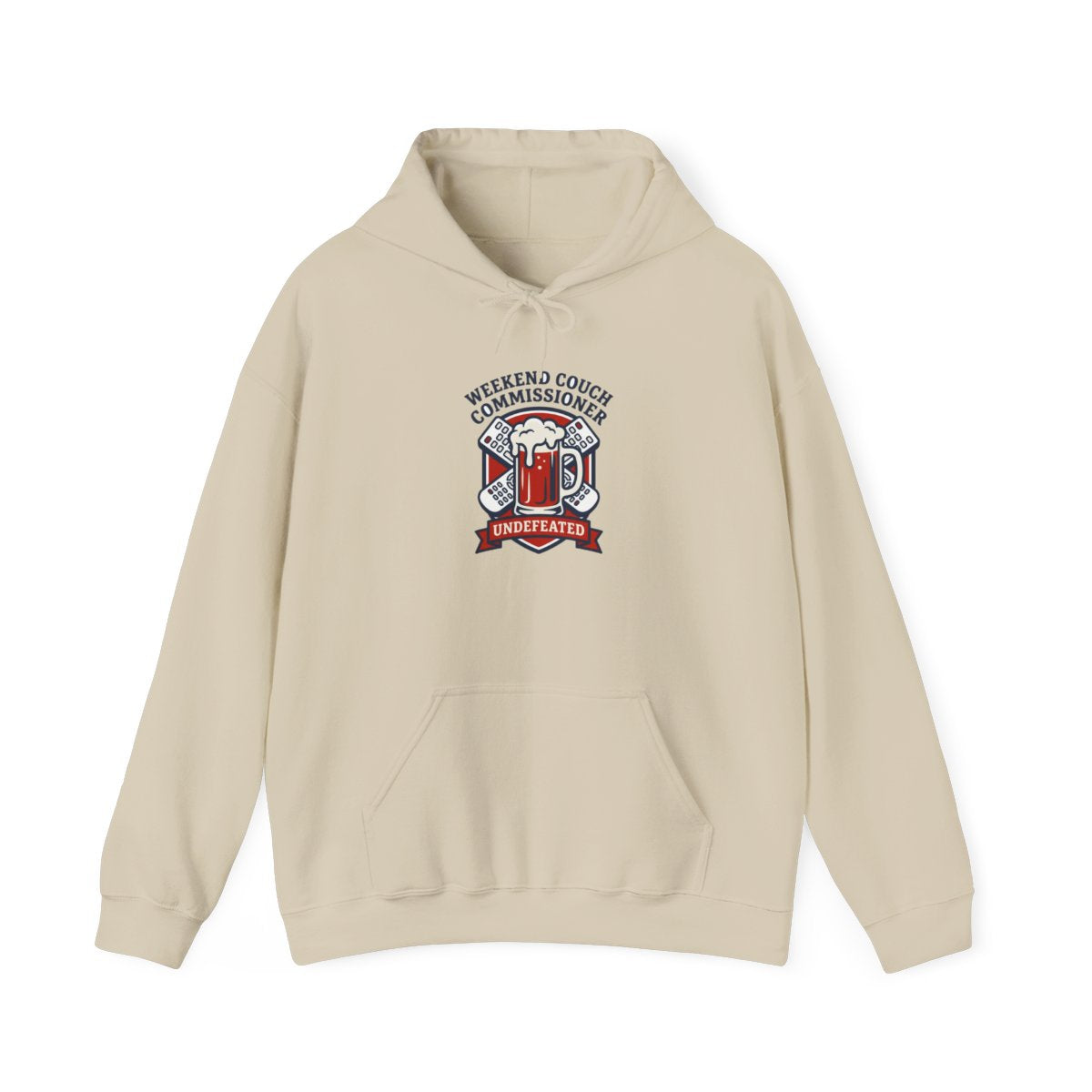 Weekend Couch Commissioner Crest Tee Hoodie — lifestyle photo