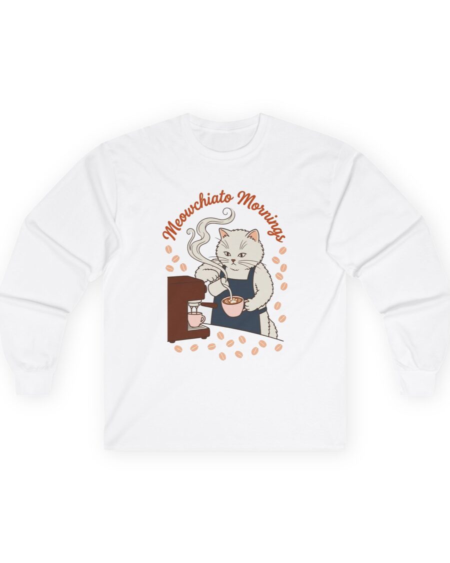 Meowchiato Mornings Cozy Cat Barista Long Sleeve — lifestyle photo