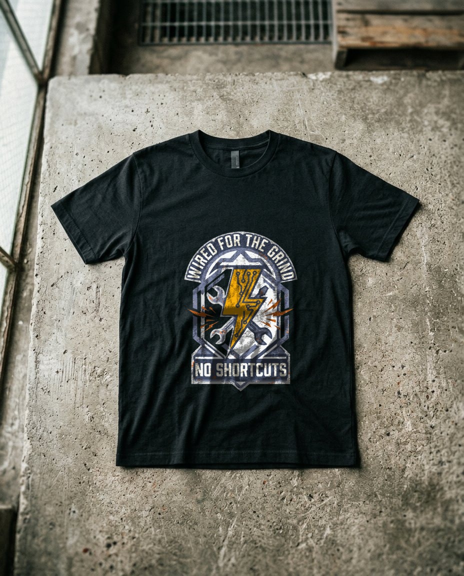 Wired For The Grind Electrician Crest — lifestyle photo
