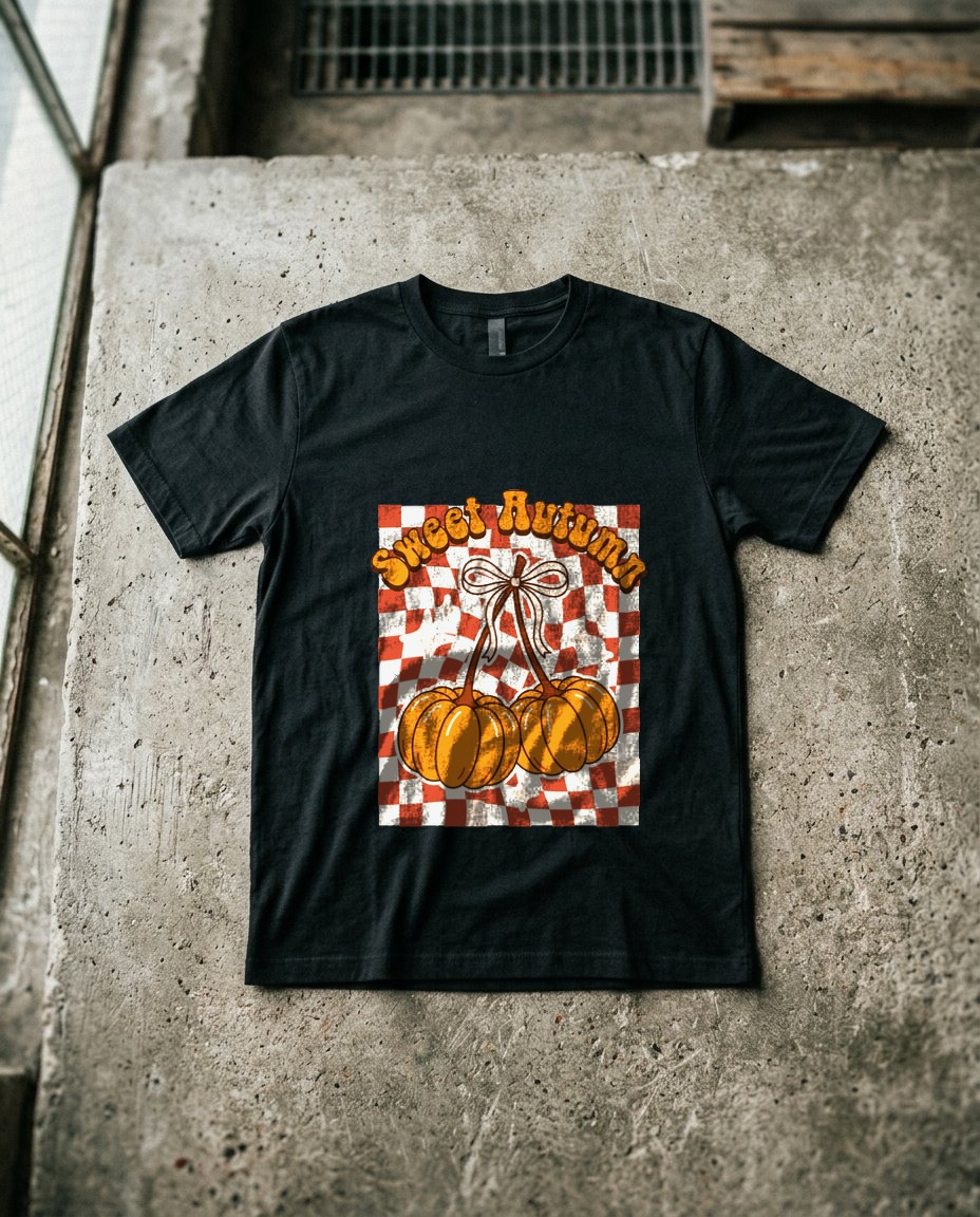 Sweet Autumn Pumpkin Cherry Bow Tee — lifestyle photo