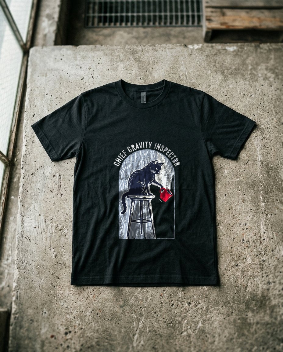 Chief Gravity Inspector Linocut Cat — lifestyle photo
