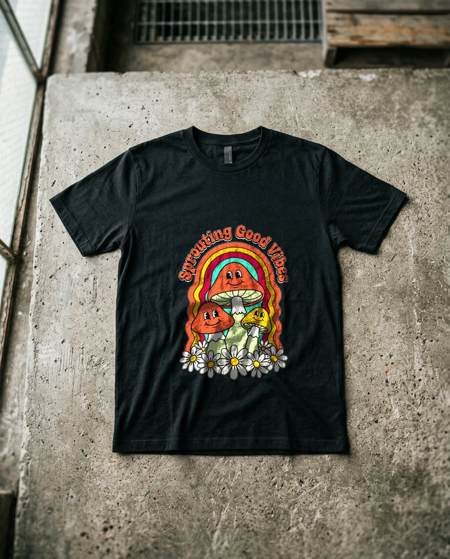 Sprouting Good Vibes Retro Mushroom — lifestyle photo