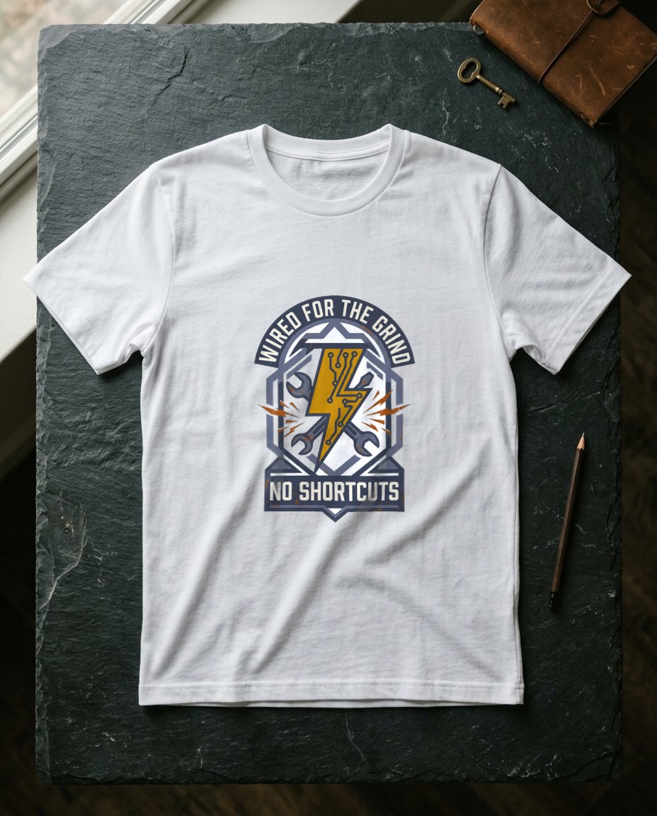 Wired For The Grind Electrician Crest — lifestyle photo