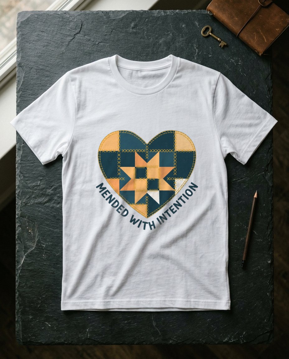 Mended With Intention Patchwork Heart — lifestyle photo