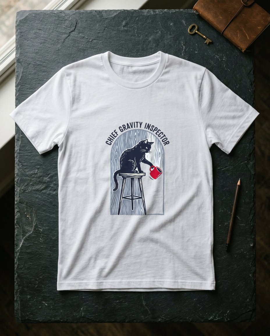 Chief Gravity Inspector Linocut Cat — lifestyle photo