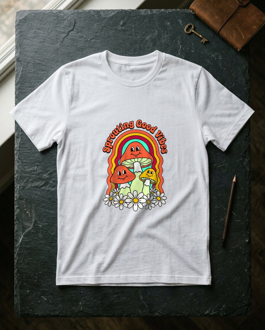 Sprouting Good Vibes Retro Mushroom — lifestyle photo