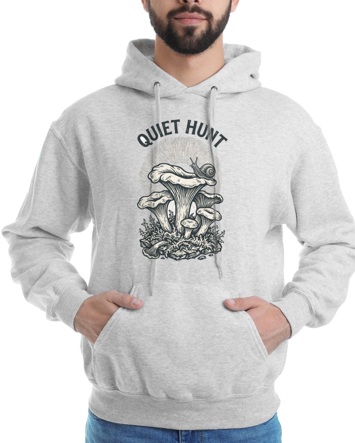 Quiet Hunt Linocut Chanterelle Hoodie — lifestyle photo