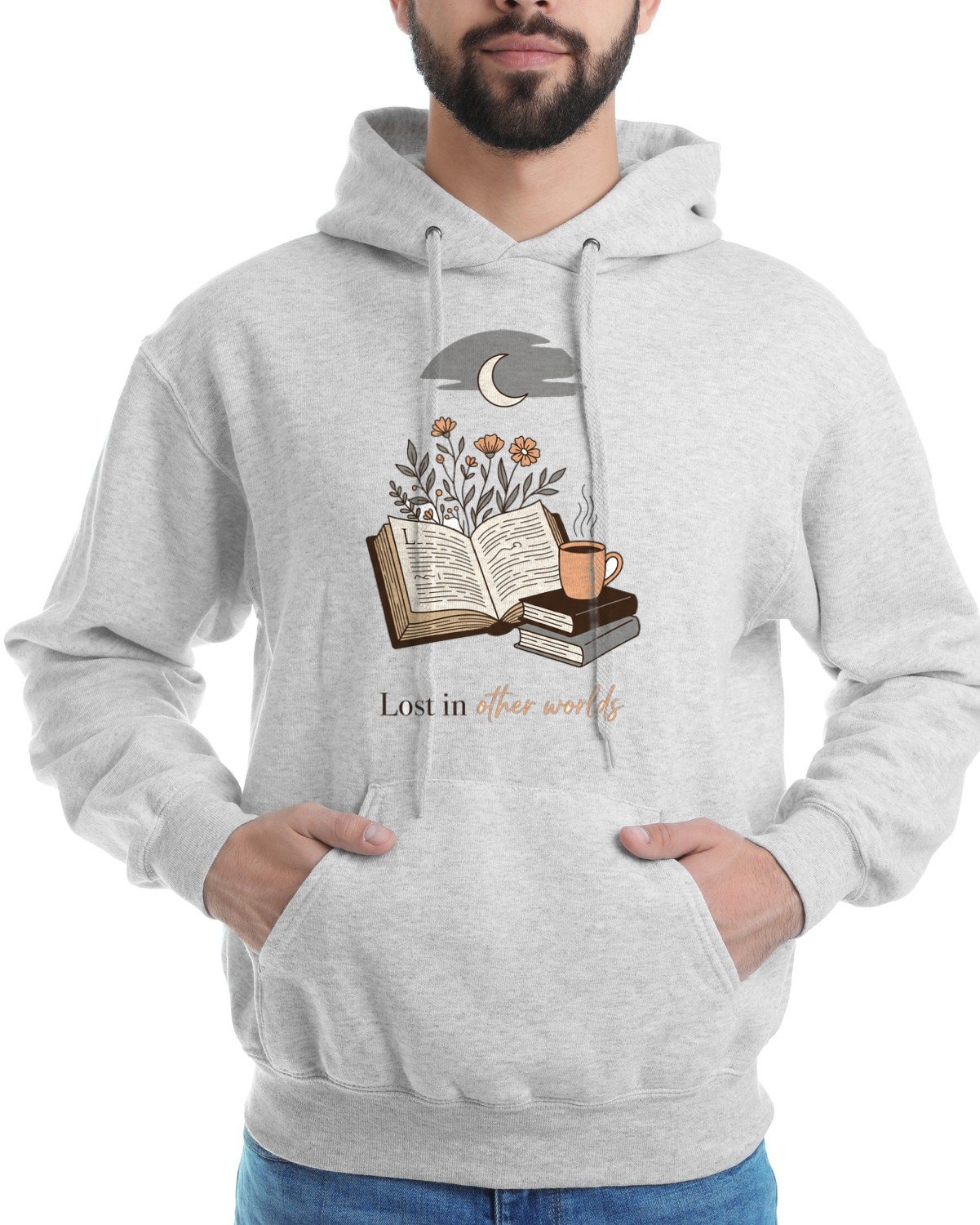 Moonlit Escapism Botanical Book Stack Hoodie — lifestyle photo