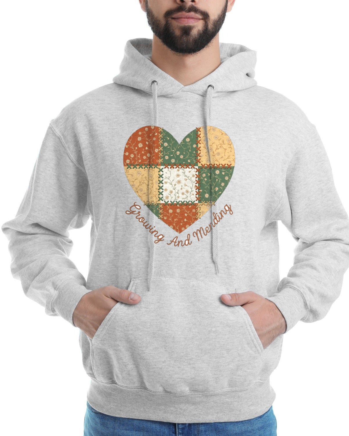 Stitched Together Patchwork Heart Hoodie — lifestyle photo