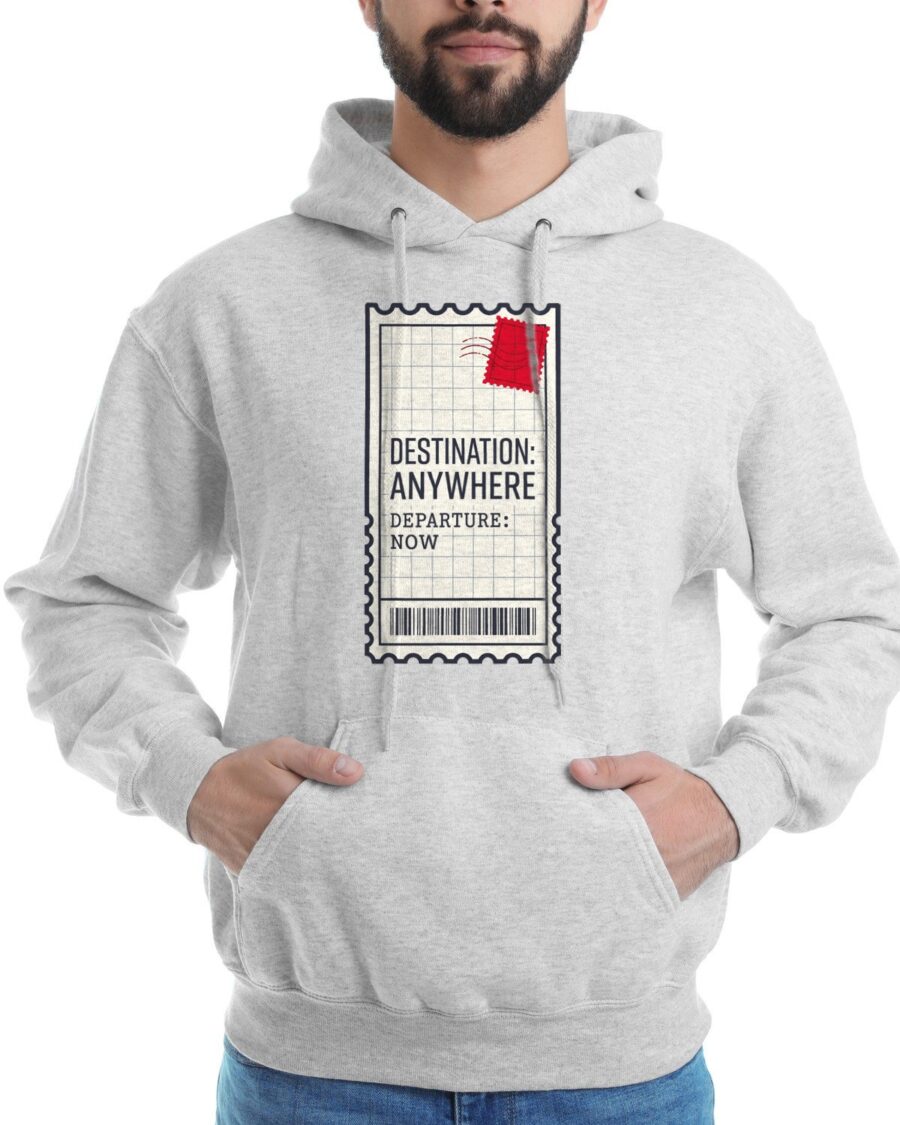 Destination Unknown Vintage Boarding Pass Hoodie — lifestyle photo