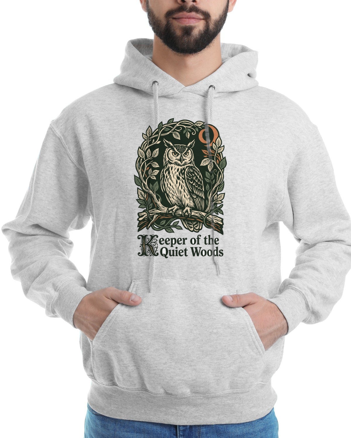 Midnight Forager Linocut Owl Hoodie — lifestyle photo