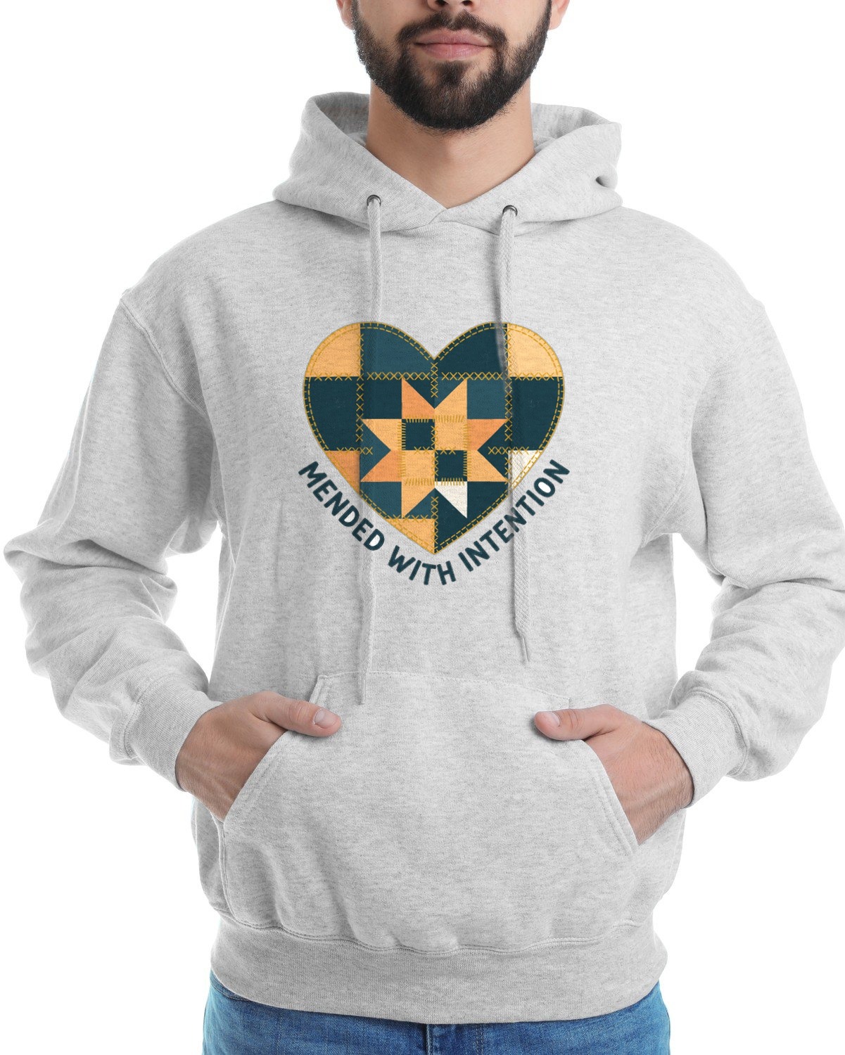 Mended With Intention Patchwork Heart Hoodie — lifestyle photo